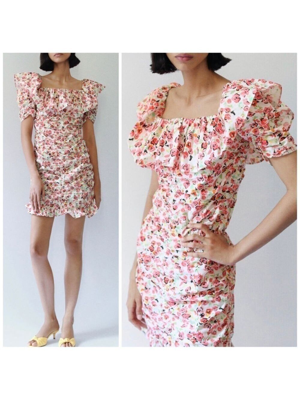 Zara Floral Ruffled Hem Ruched Mini Dress